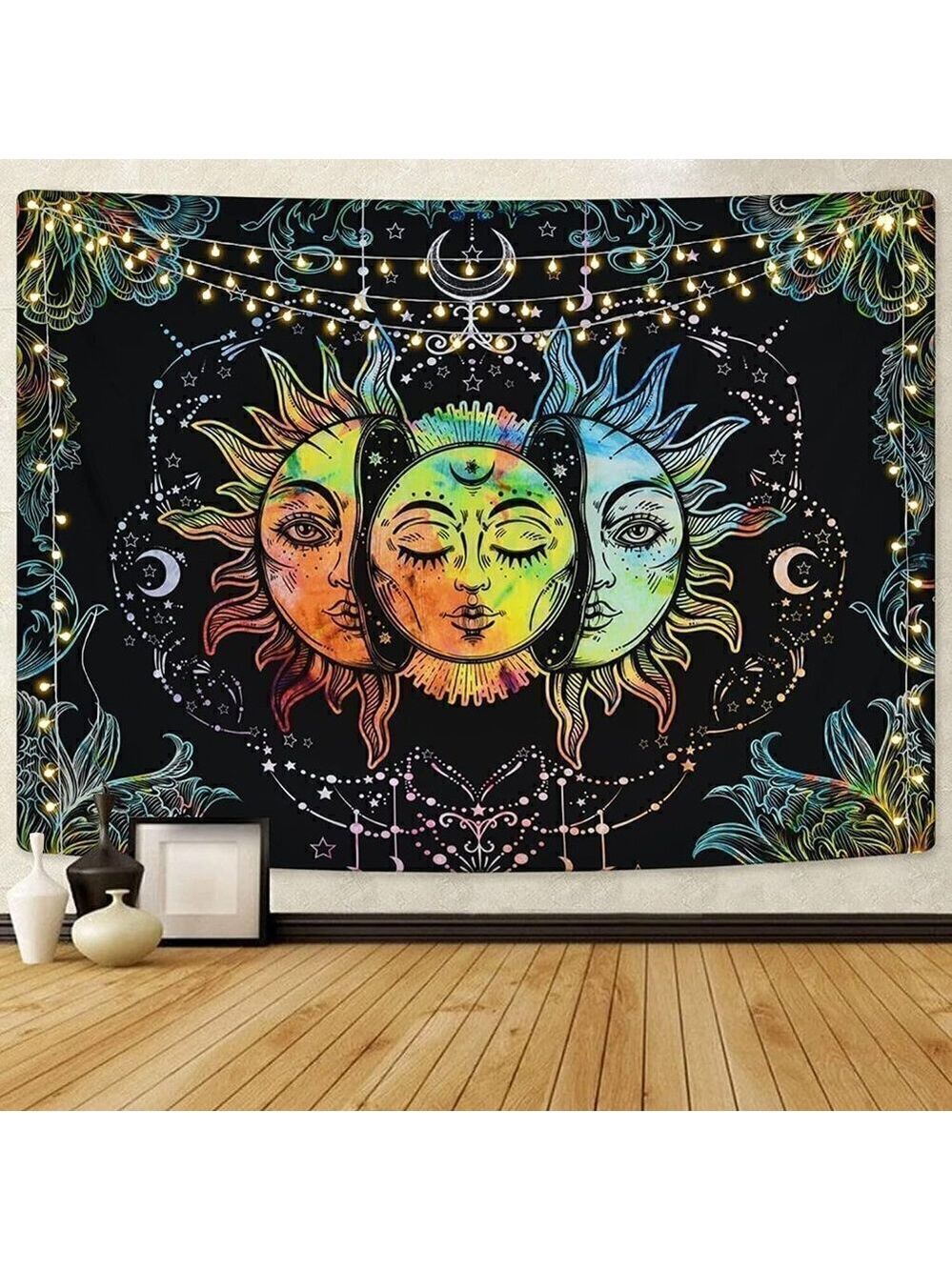 Psychedelic Burning Sun Moon Stars Tapestry Mandala Living Room Bedroom Dorm NWT